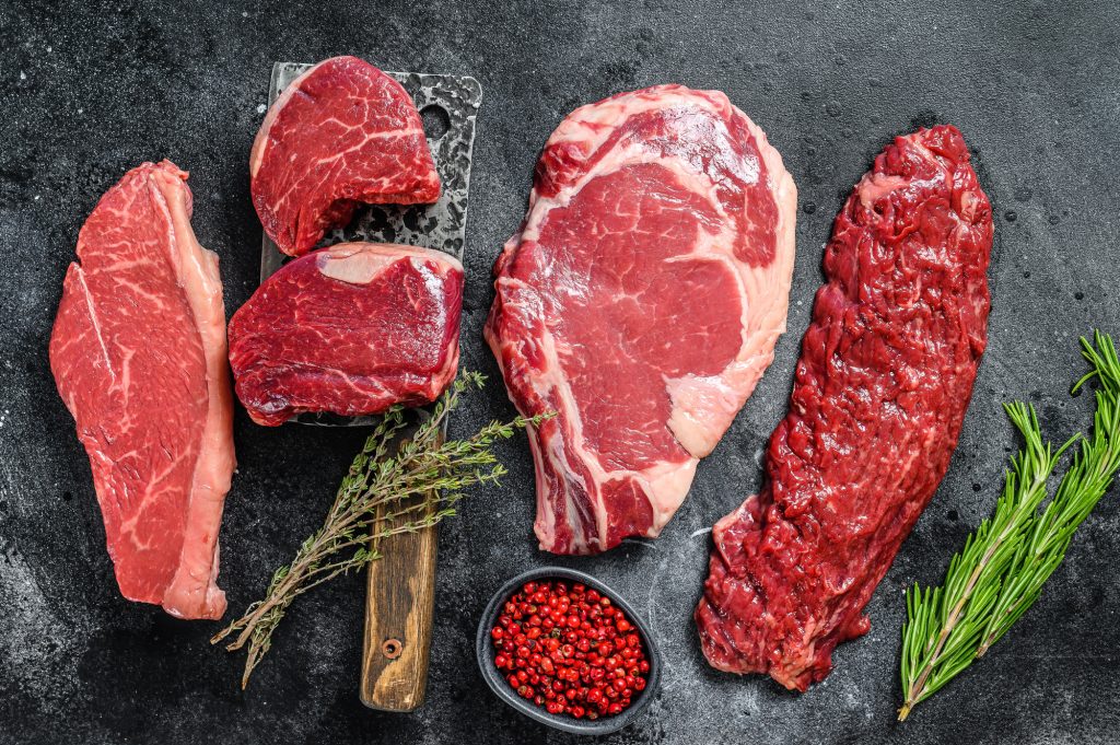 raw beef meat steaks fillet Mignon, ribeye, Striploin and skirt or machete